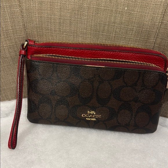 Coach Signature Brown and Red Wristlet - Picture 1 of 8